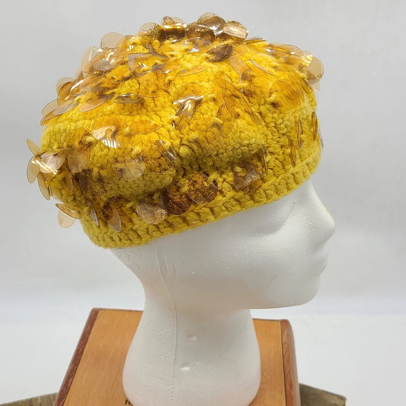 Vintage Knit Hat • Spangles • Mustard Yellow • 60s/70s - Picture 4 of 6